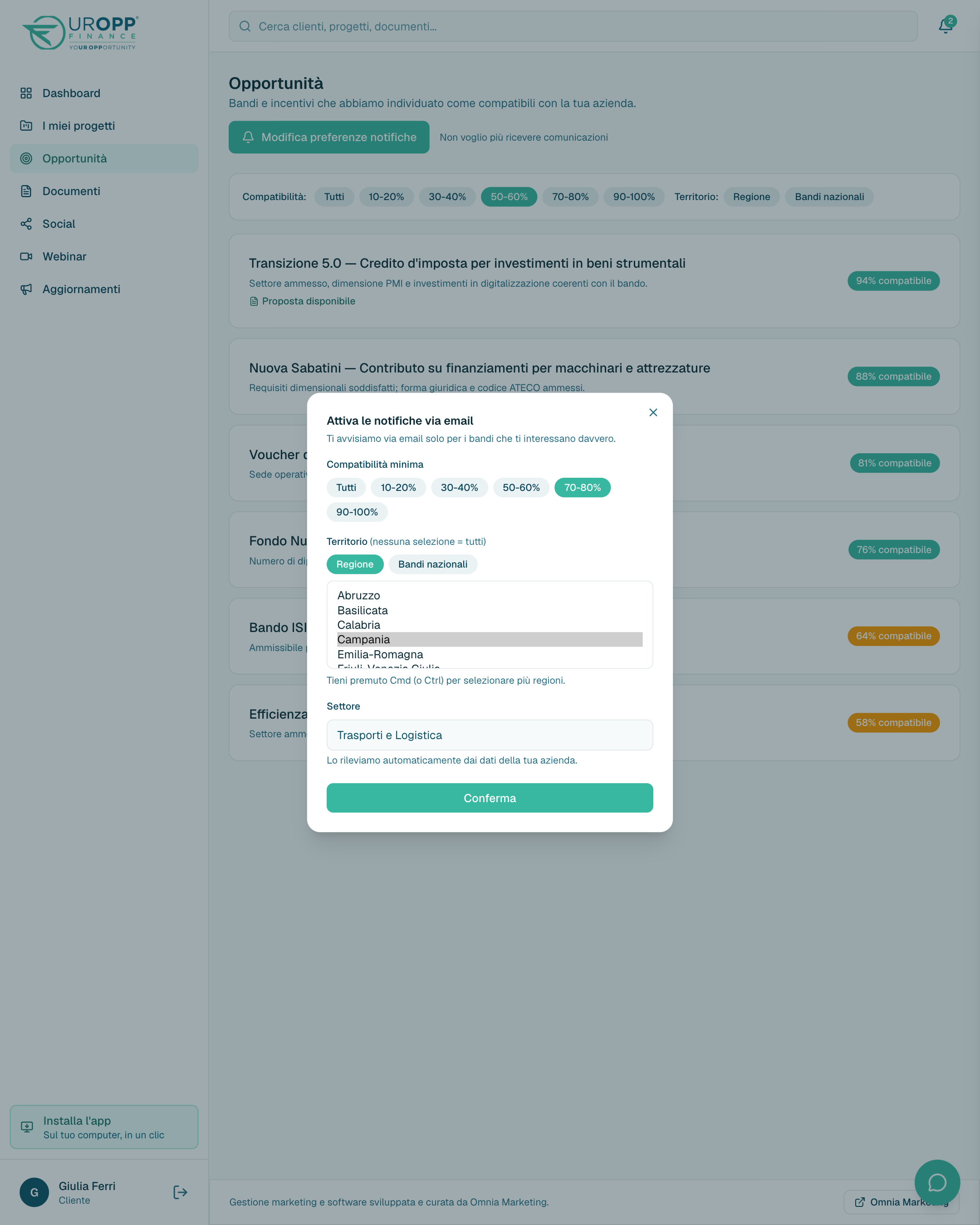 Notifiche via email sui bandi: il cliente sceglie soglia e territorio