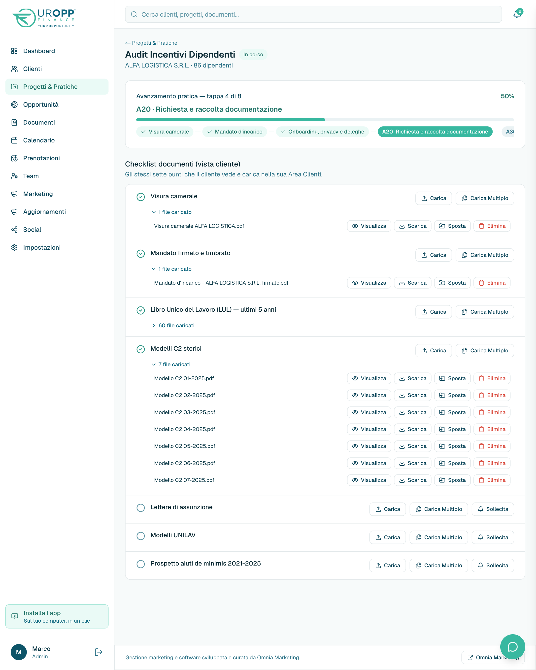 La scheda pratica: fasi che avanzano da sole e checklist dei documenti