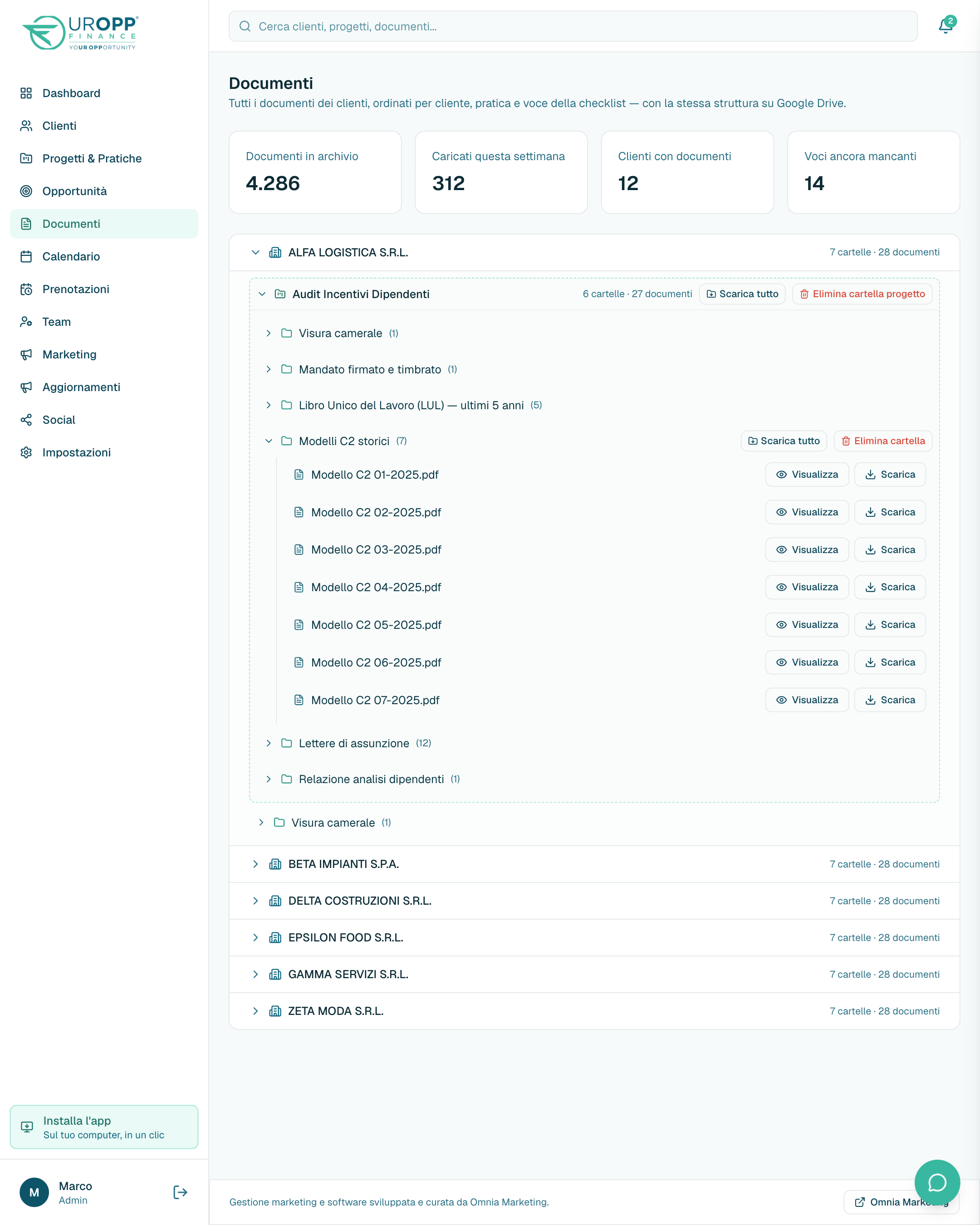 Archivio documenti per cliente, pratica e voce, con download di intere cartelle
