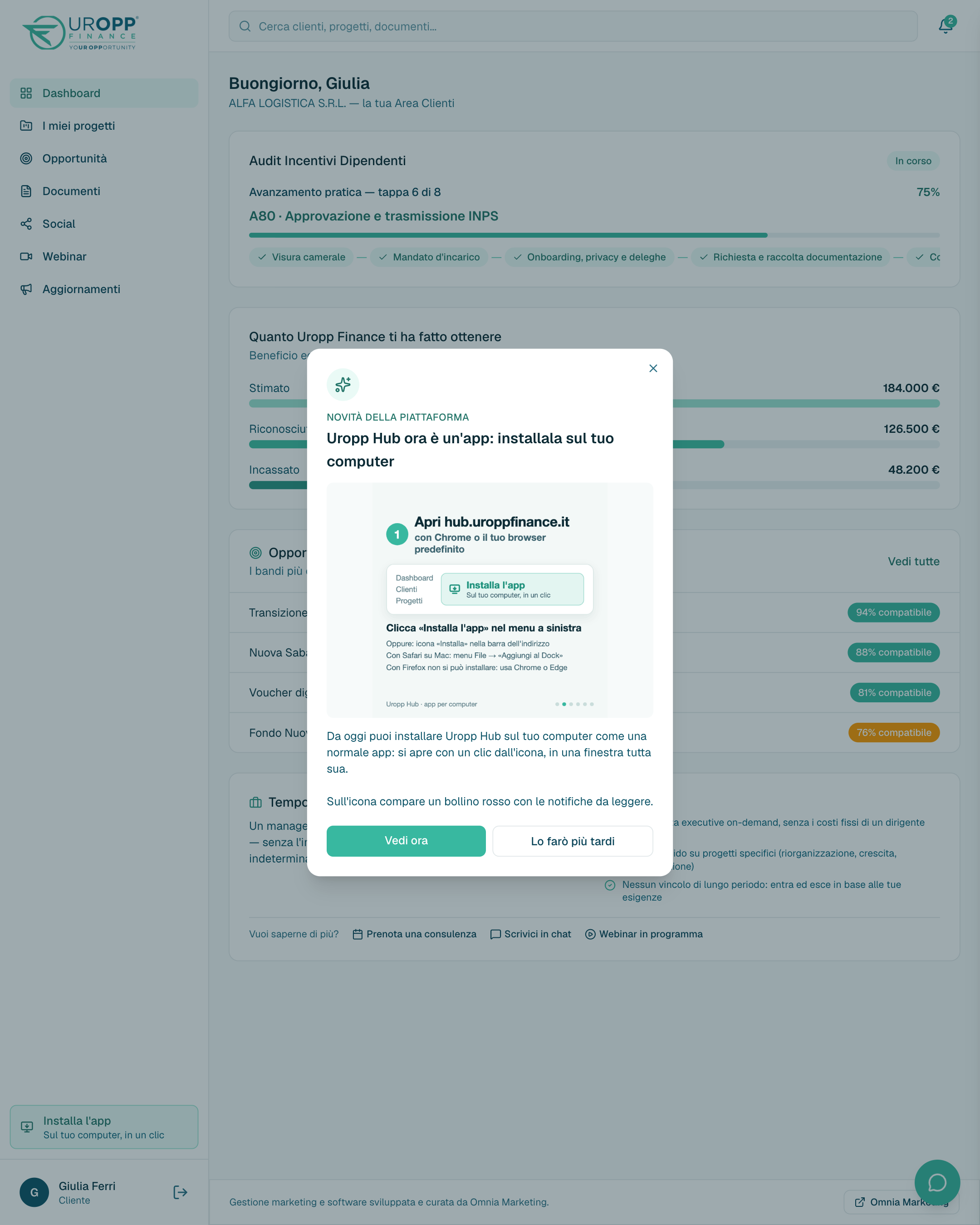 L'annuncio in piattaforma dell'app installabile