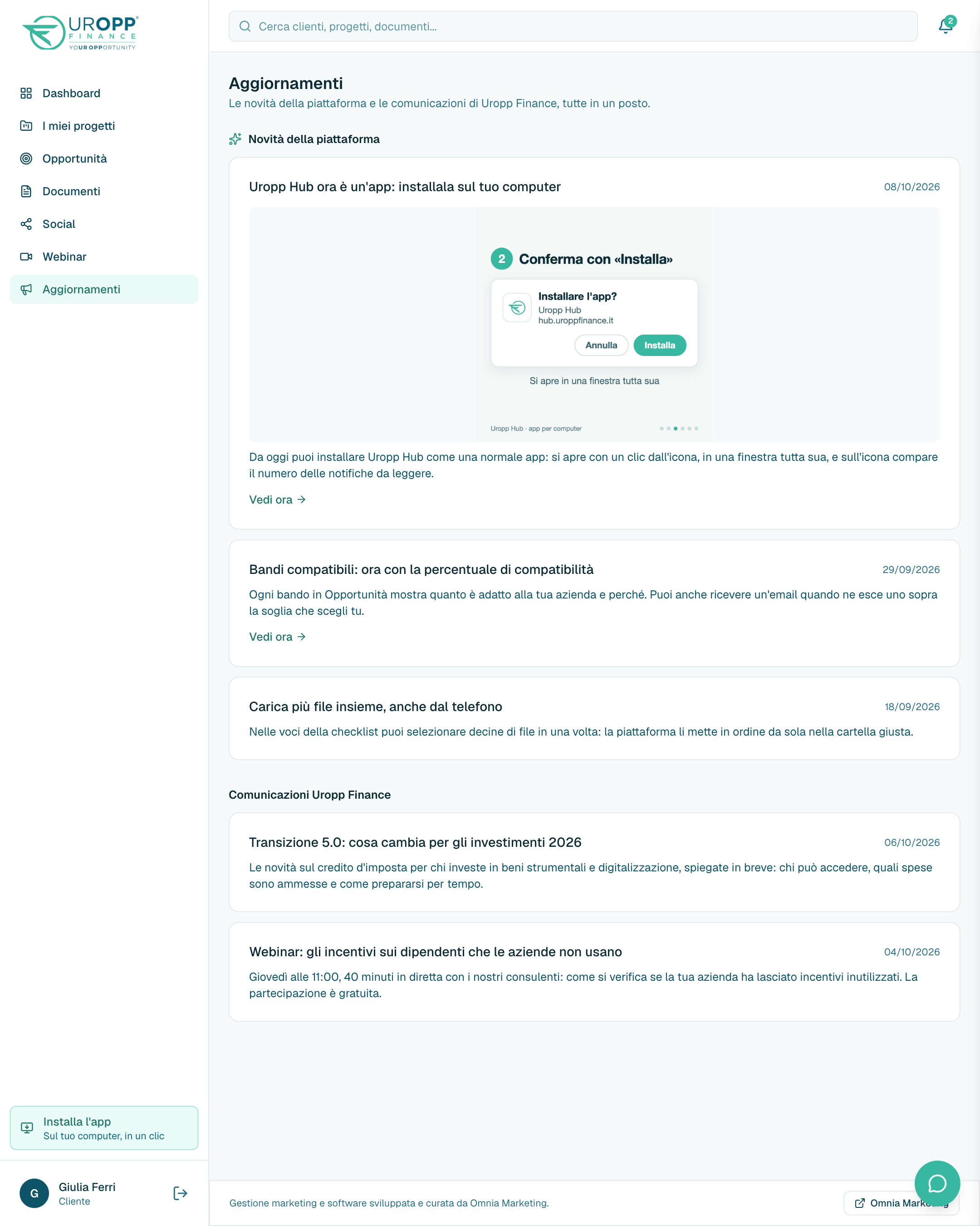 Aggiornamenti: novità della piattaforma e comunicazioni