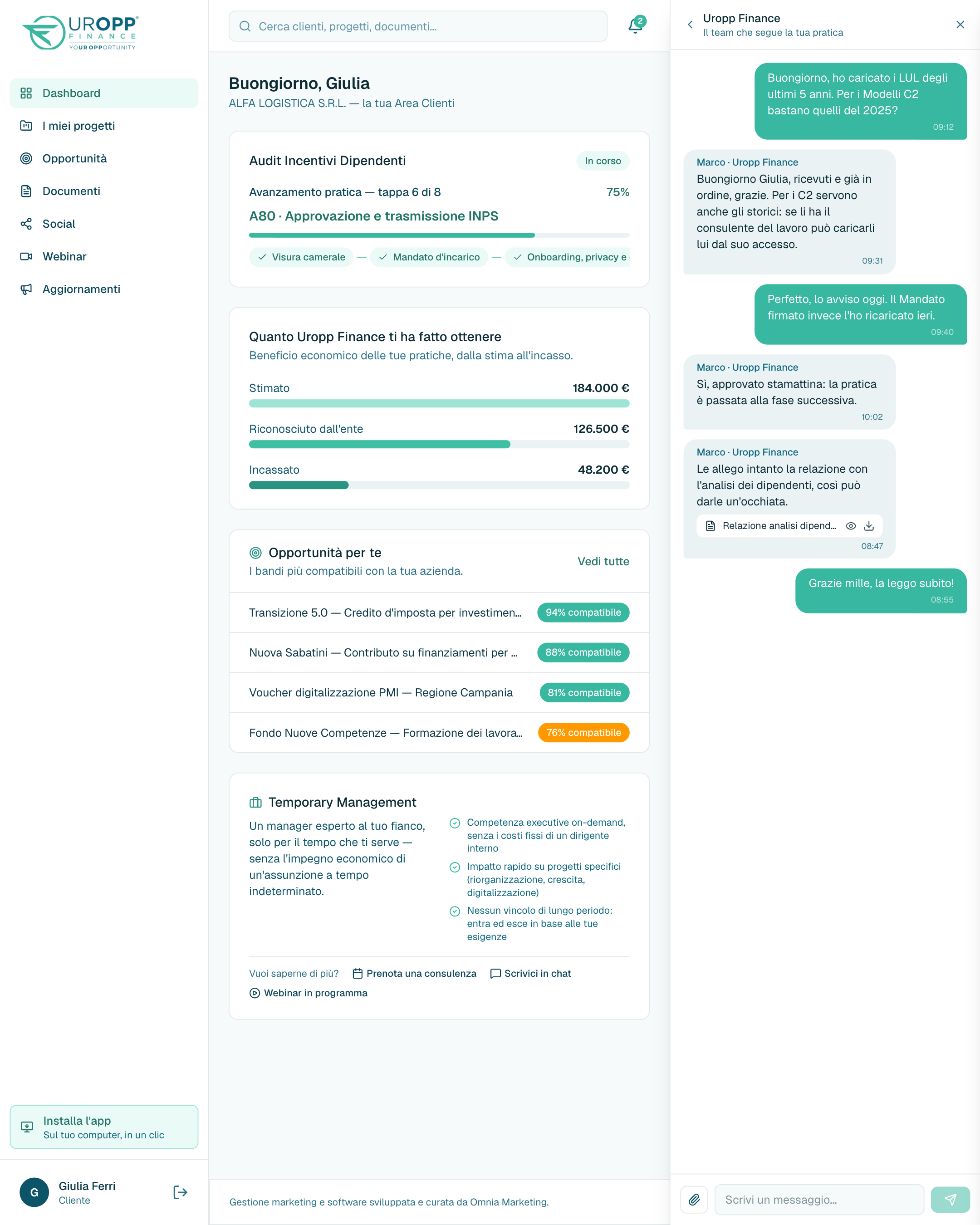 Chat diretta con il team, con i documenti allegati