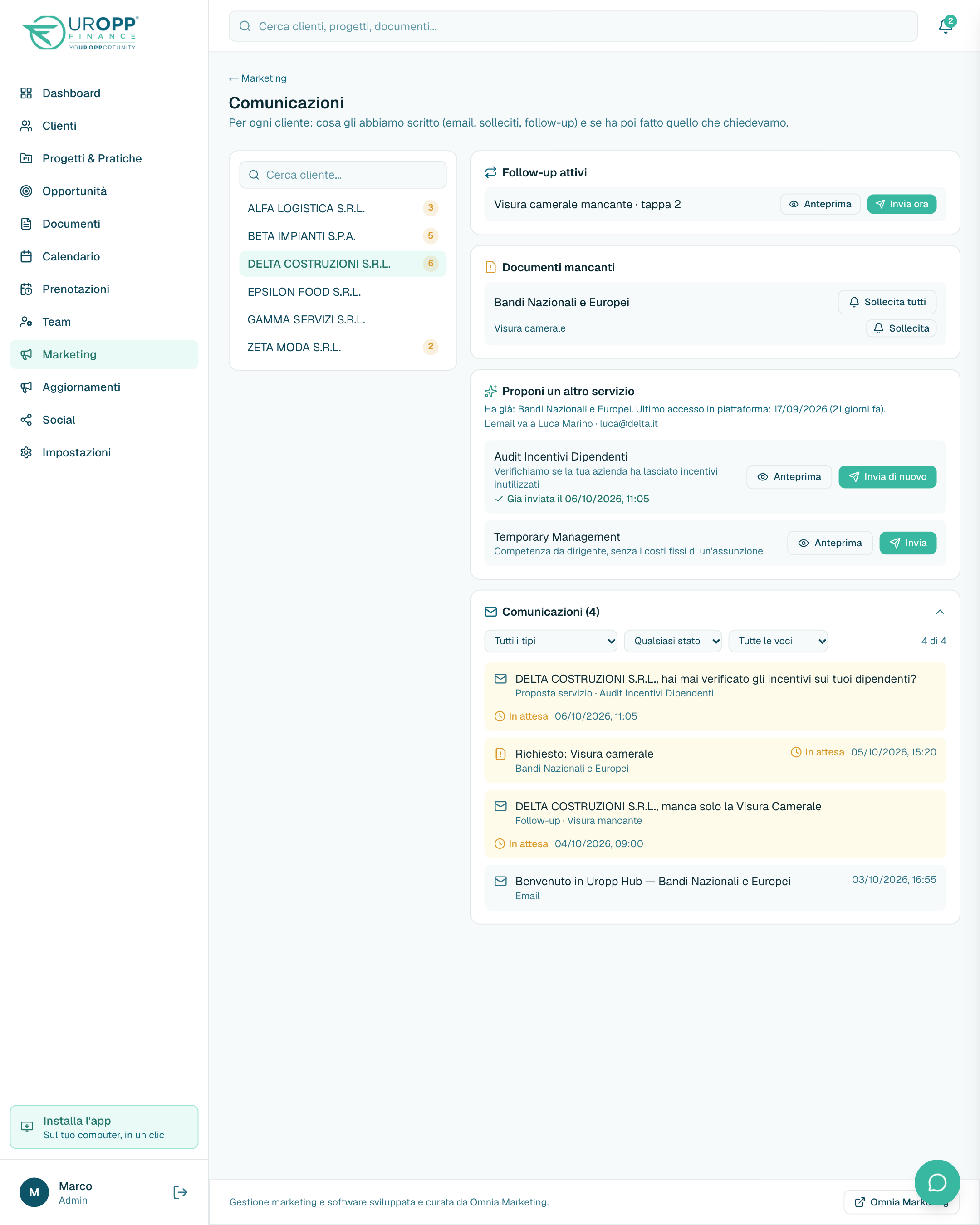Comunicazioni per cliente e proposta di altri servizi