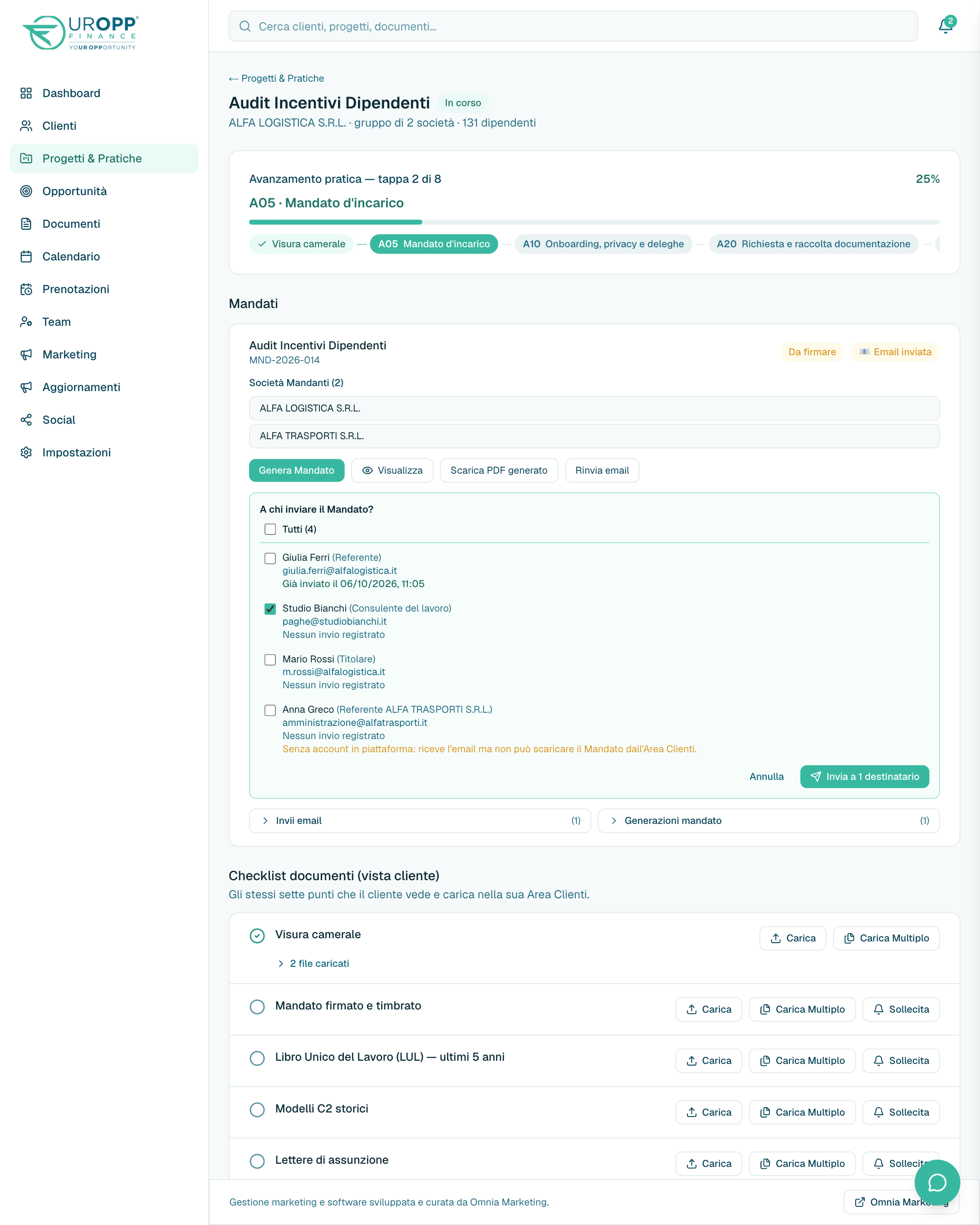 Mandato d'Incarico generato in PDF e inviato scegliendo i destinatari