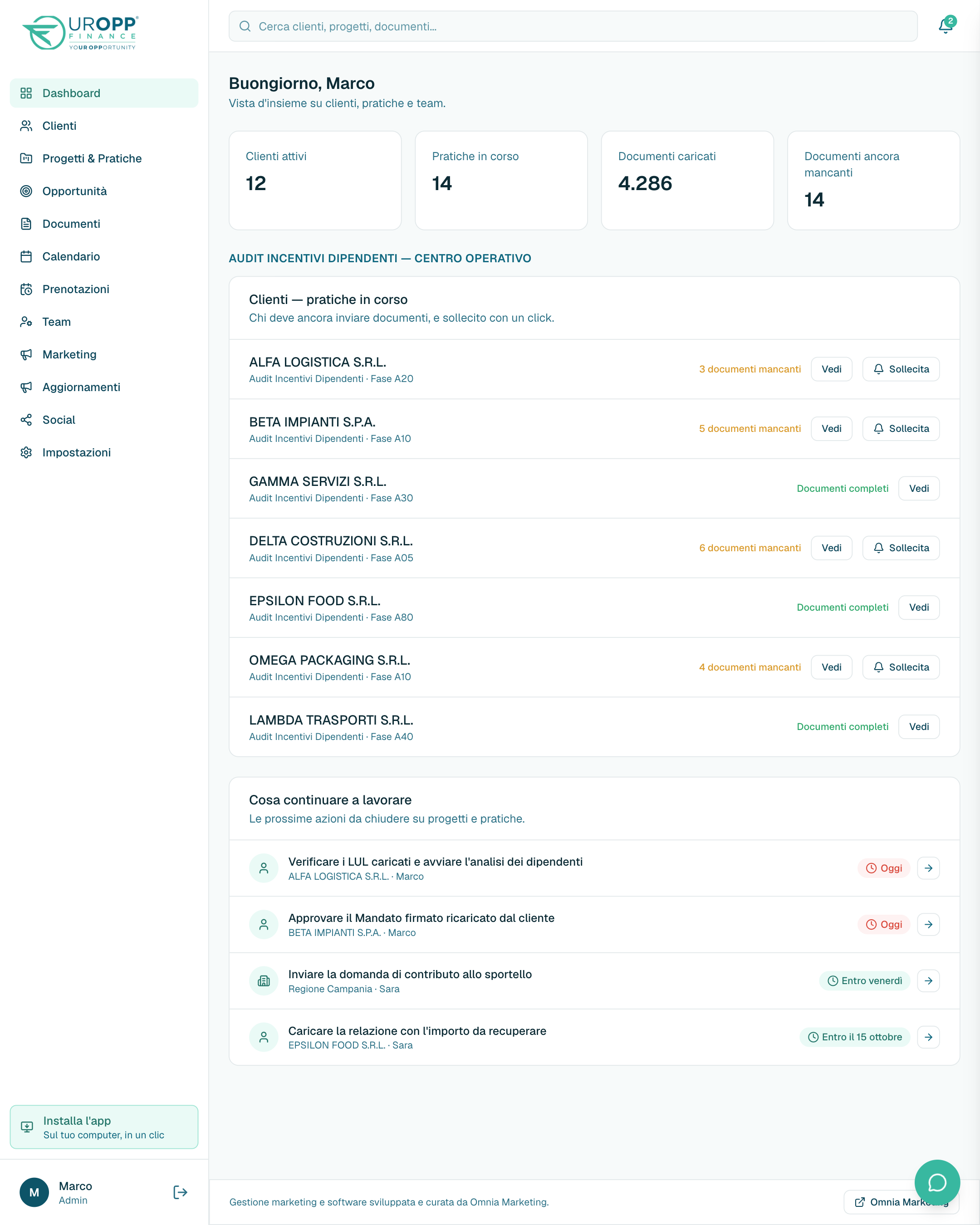 Dashboard: clienti, pratiche, documenti mancanti e sollecito con un clic