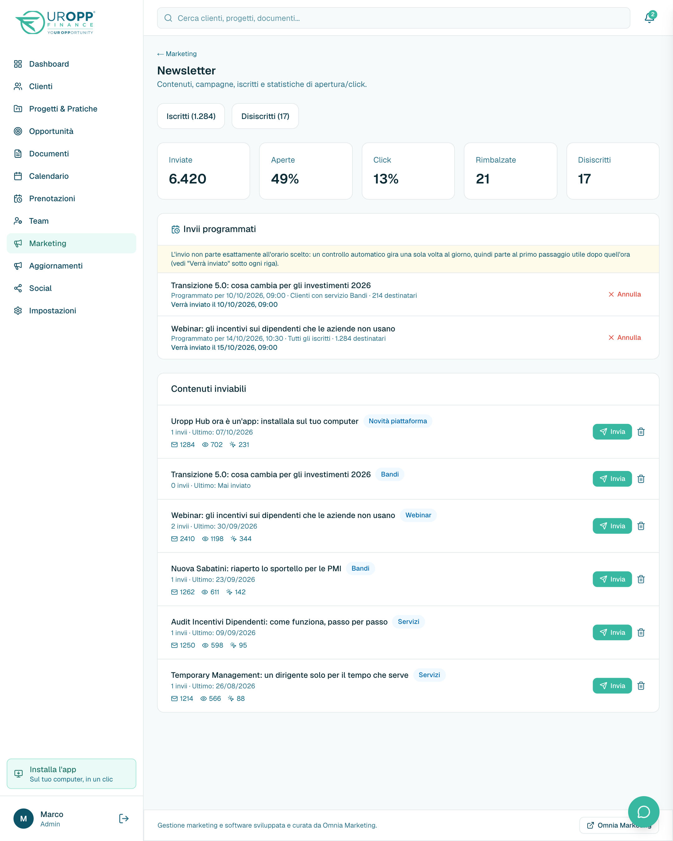Newsletter: contenuti, invii programmati e statistiche